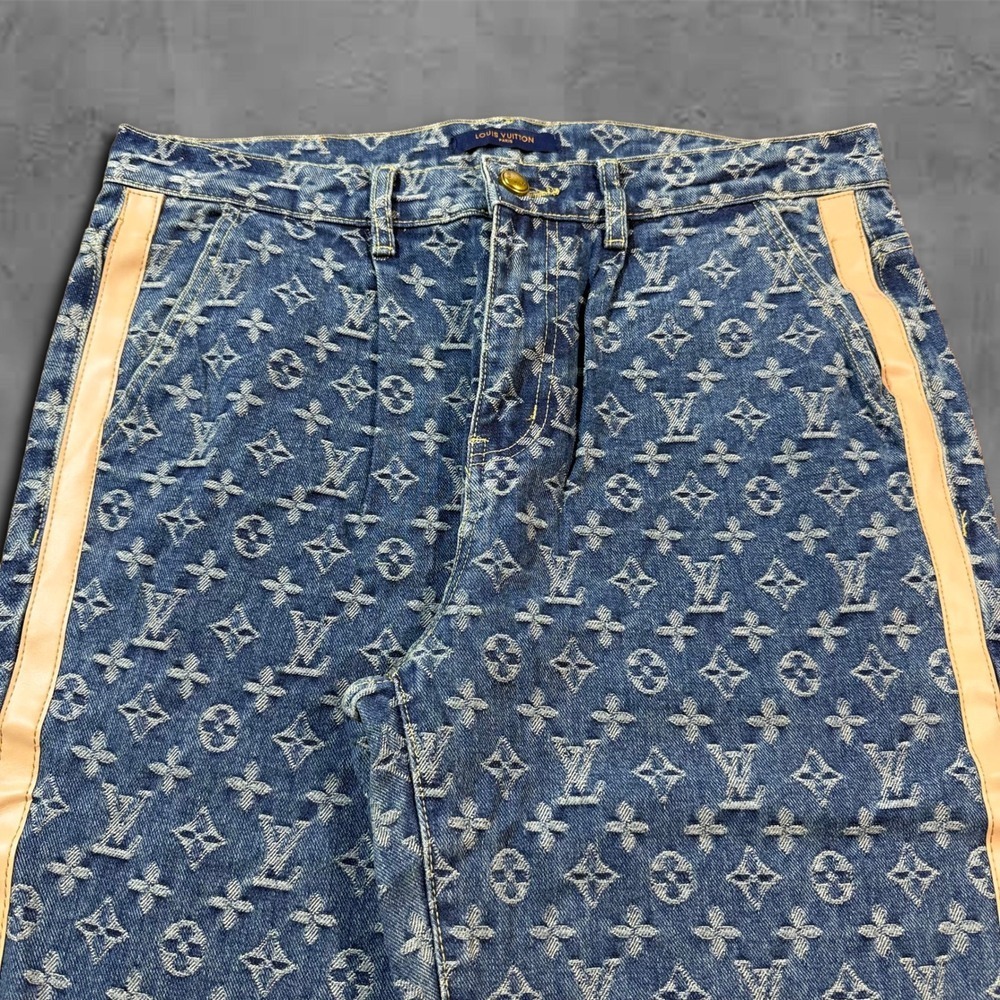 Wide Leg Blue Louis Vuitton Lv Monogram Leather Design Streetwear Jeans - Picture 3 of 9